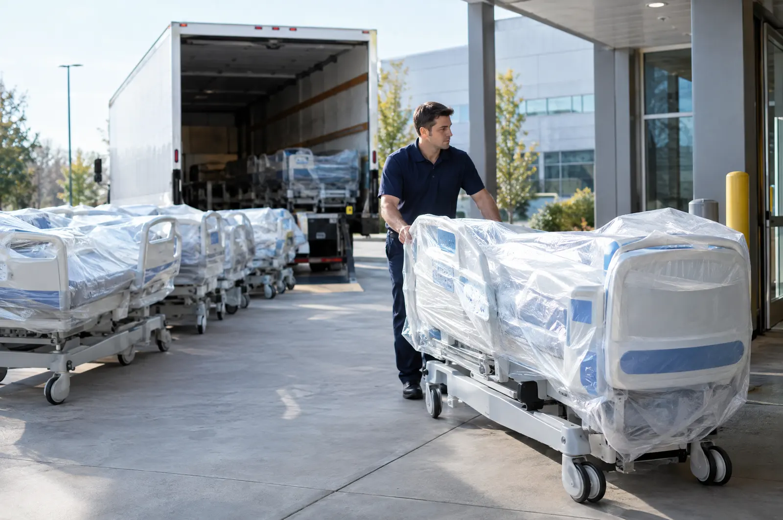 New hospital beds in protective wrap lined up at a loading dock beside a truck
