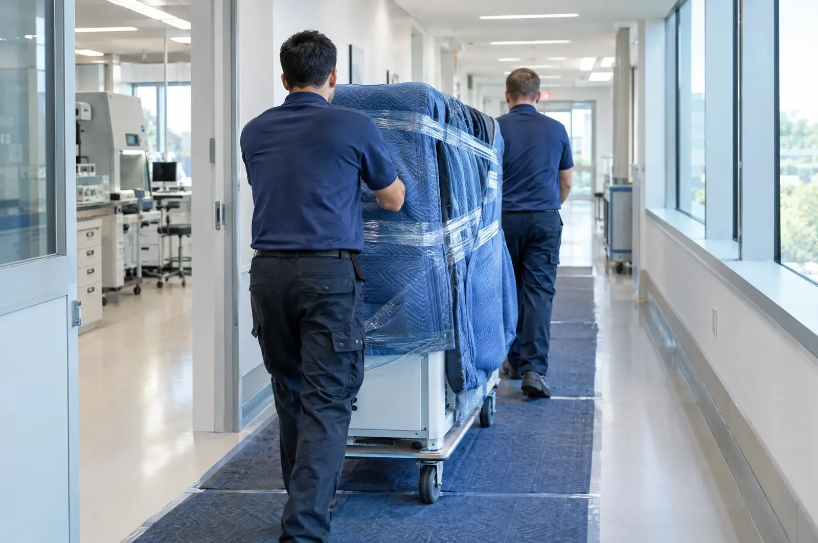 Two movers rolling blanket-wrapped lab equipment through a clinic hallway