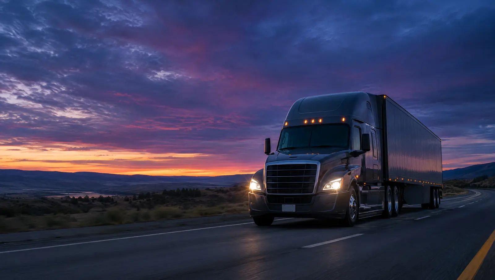 A dark semi truck on an open highway at dusk