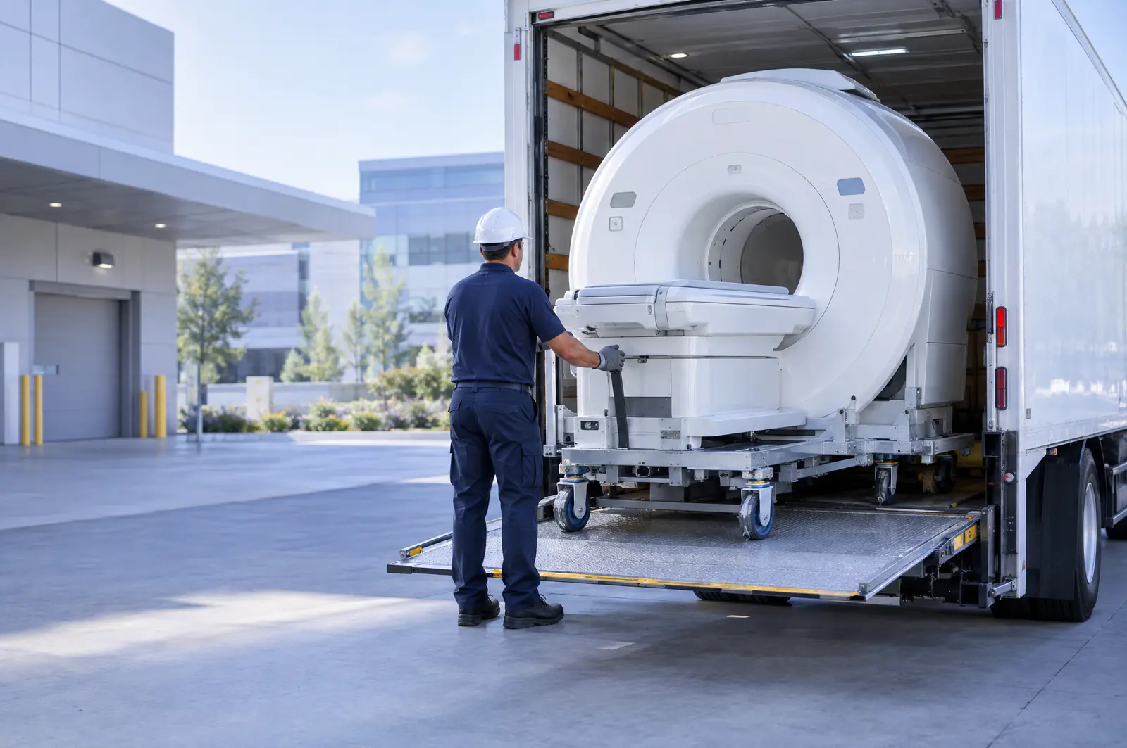 A technician guides an MRI scanner on a transport skid onto a truck liftgate at a hospital loading dock