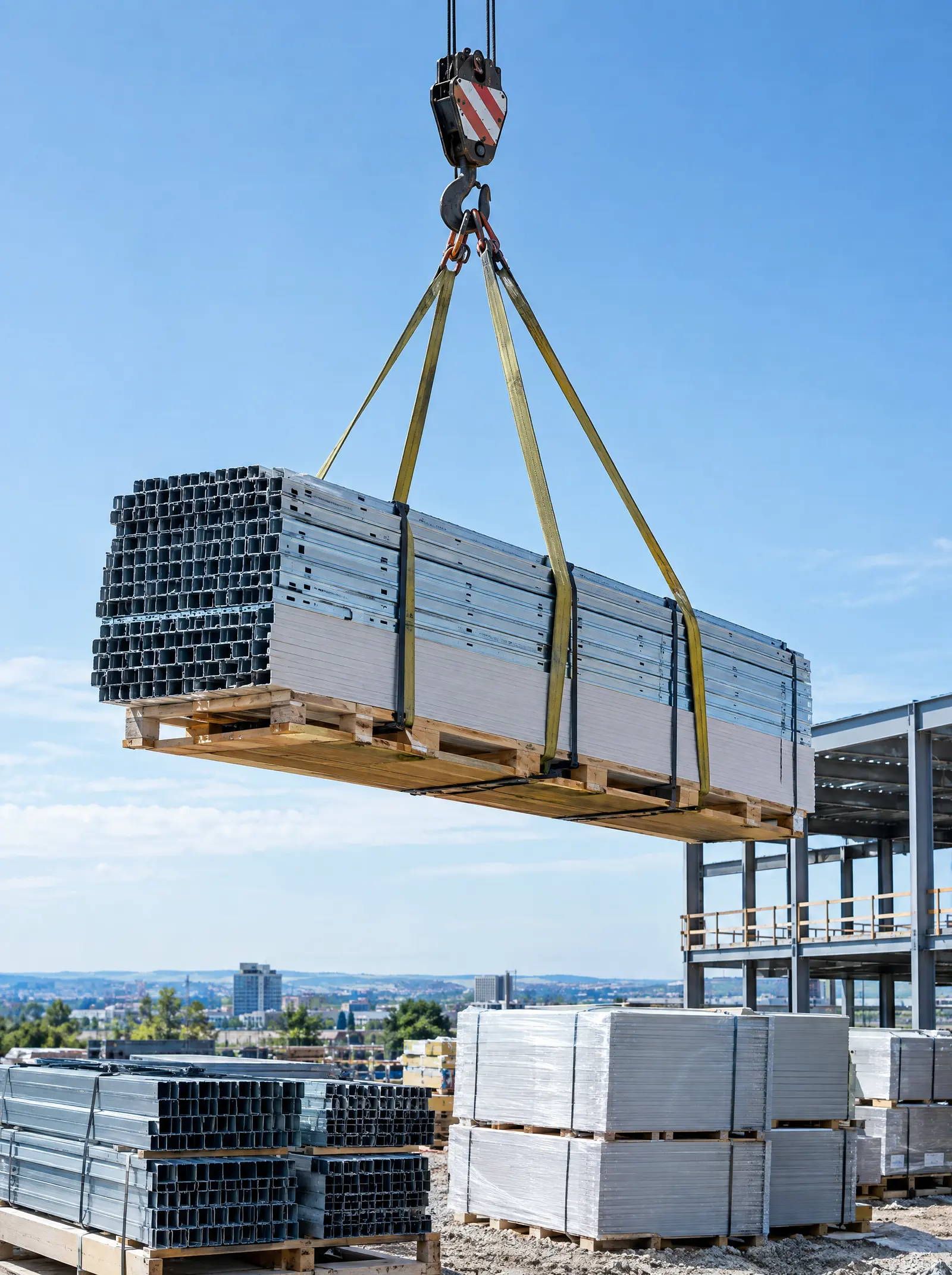 A crane lifting bundled building materials at a construction site