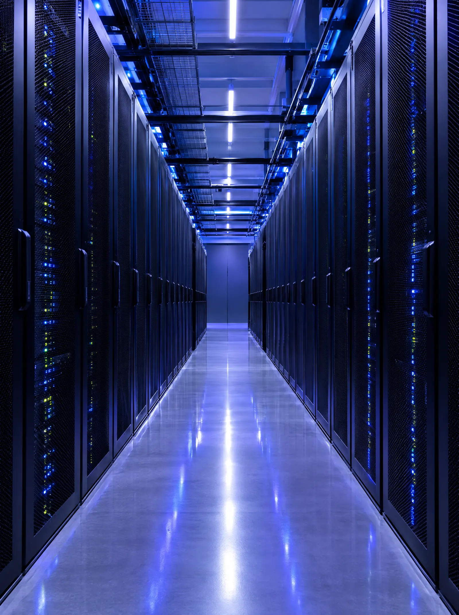 A data center aisle lined with server racks