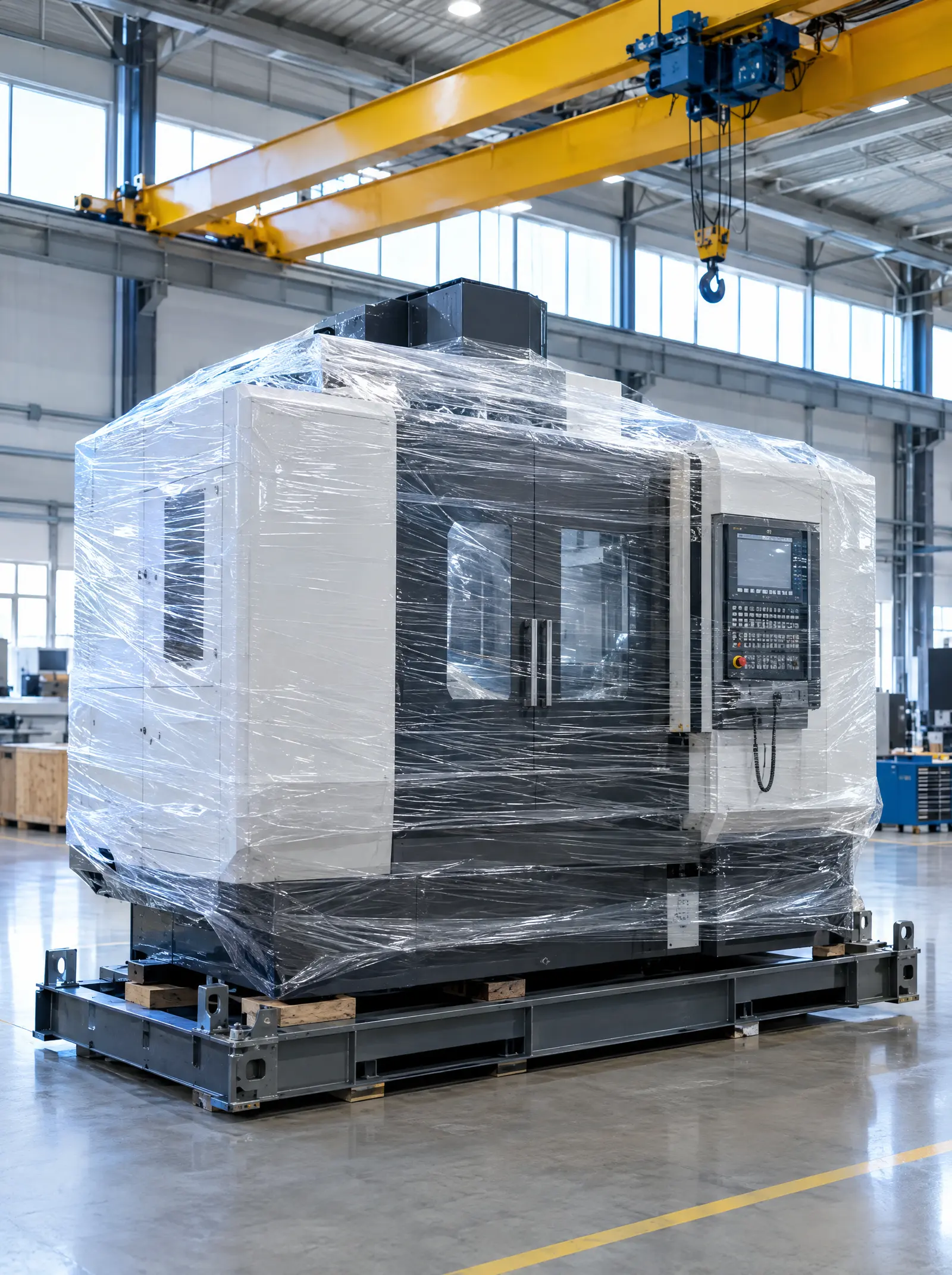 A CNC machine wrapped in protective film on a factory floor
