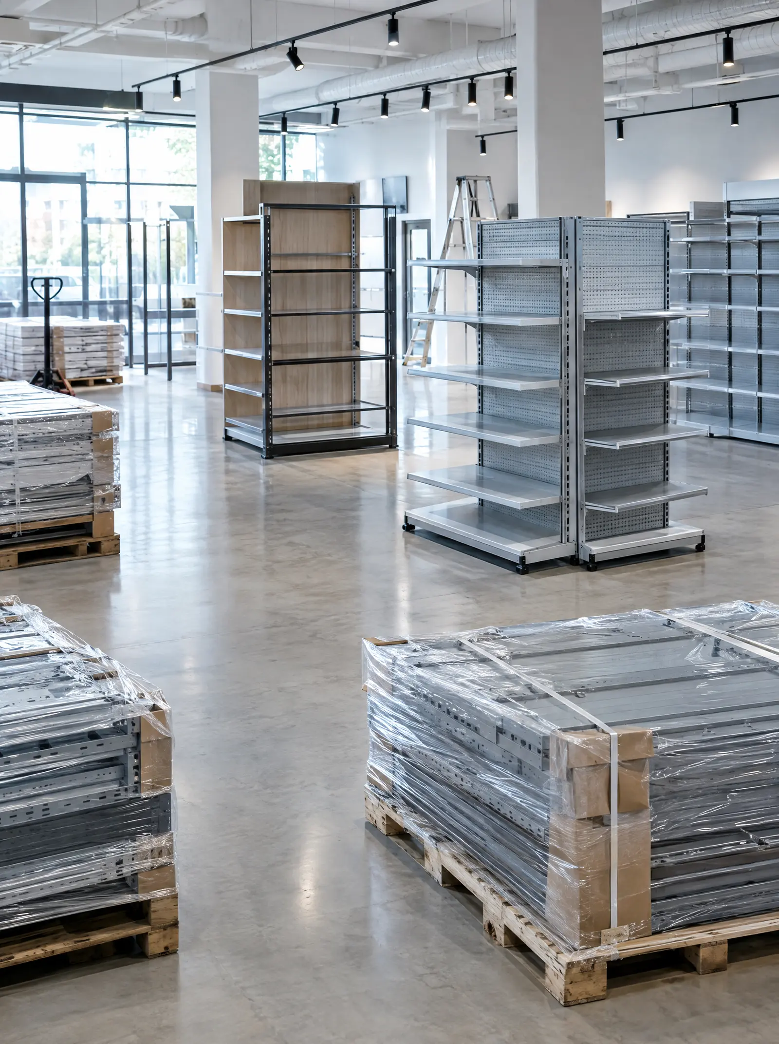 Retail shelving fixtures, some wrapped on pallets, in a store being fitted out