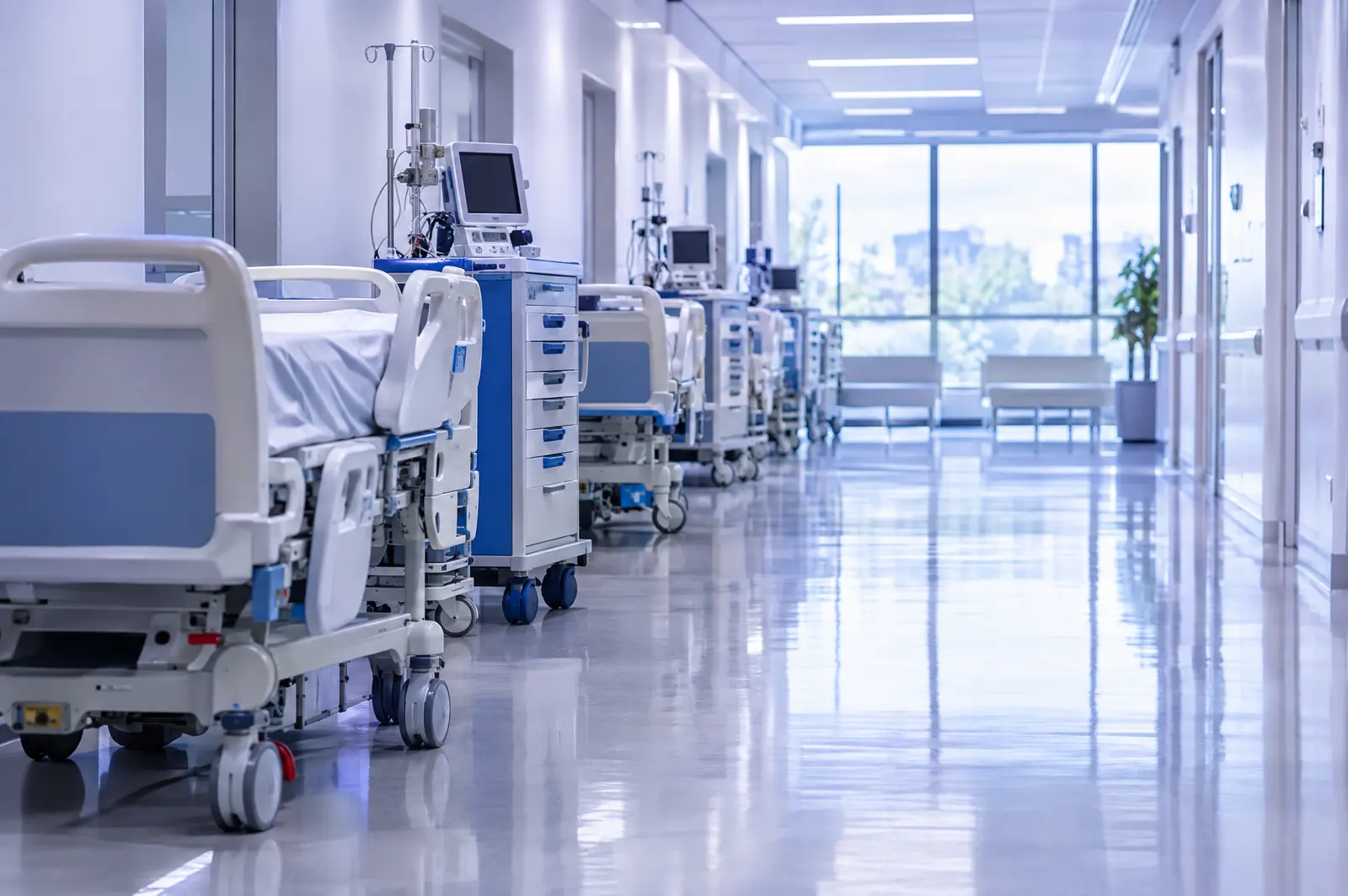 Hospital beds and equipment carts staged in a bright hospital corridor, ready to move