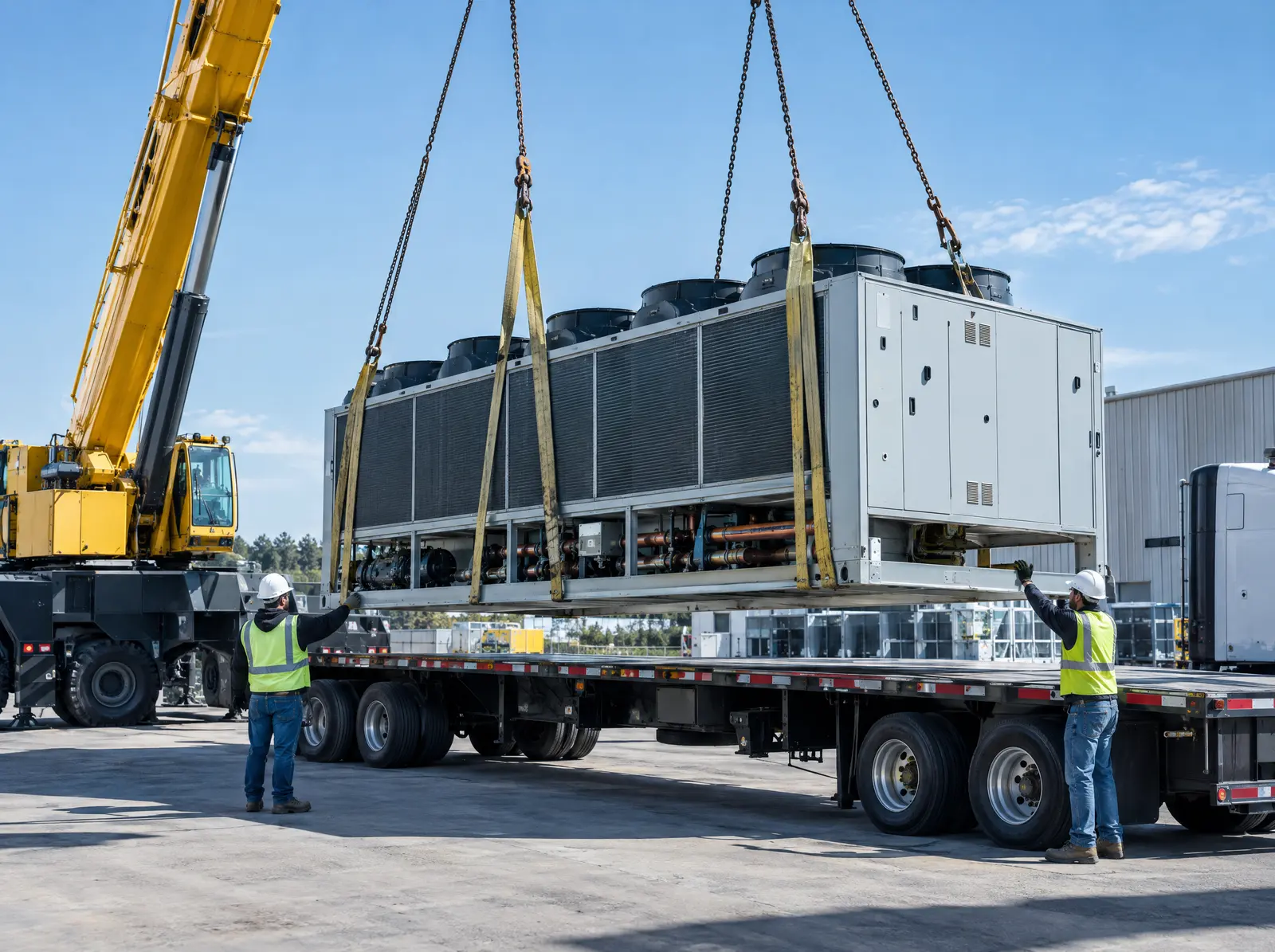 A crane lowering an industrial chiller onto a flatbed trailer