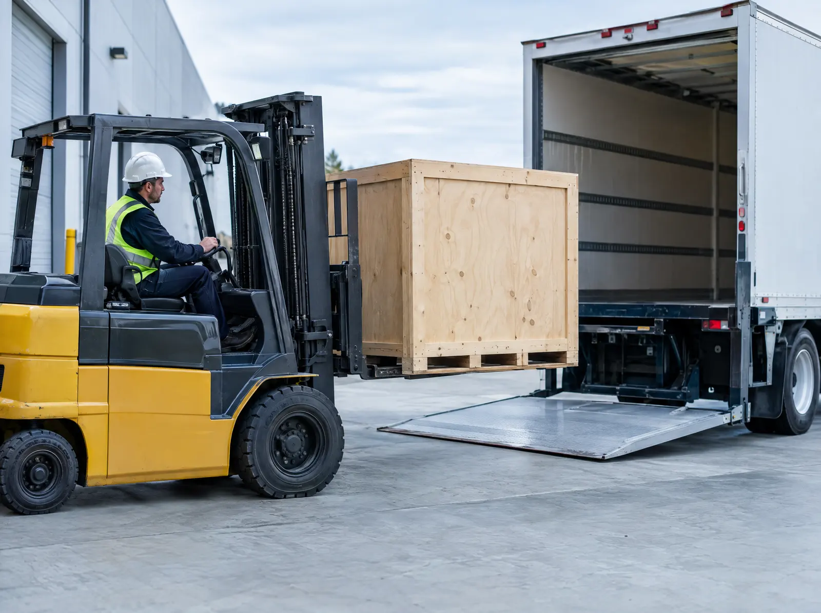 A forklift lifting a wooden crate beside a box truck with its liftgate down