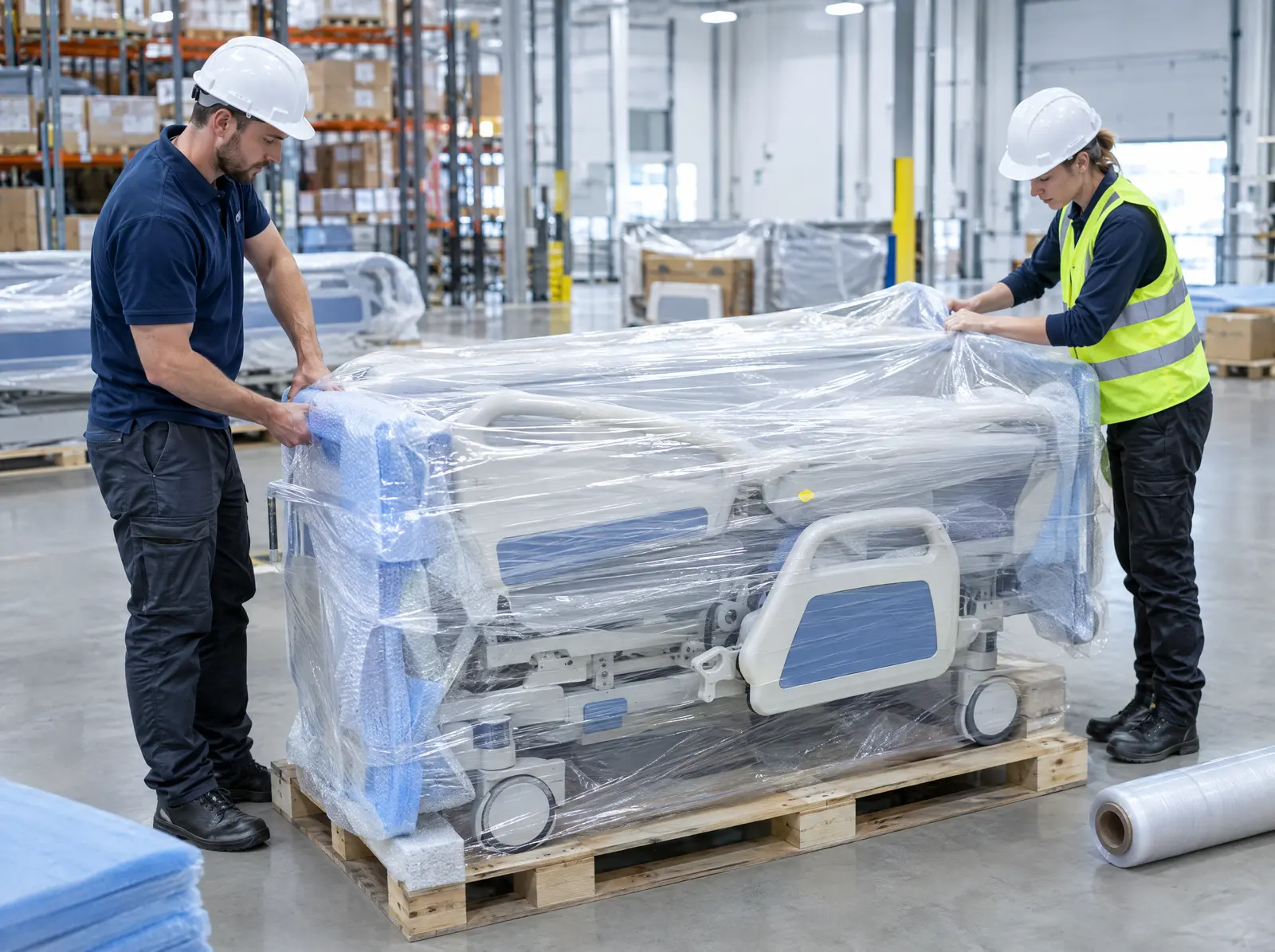 Two workers wrapping a hospital bed in protective film on a pallet