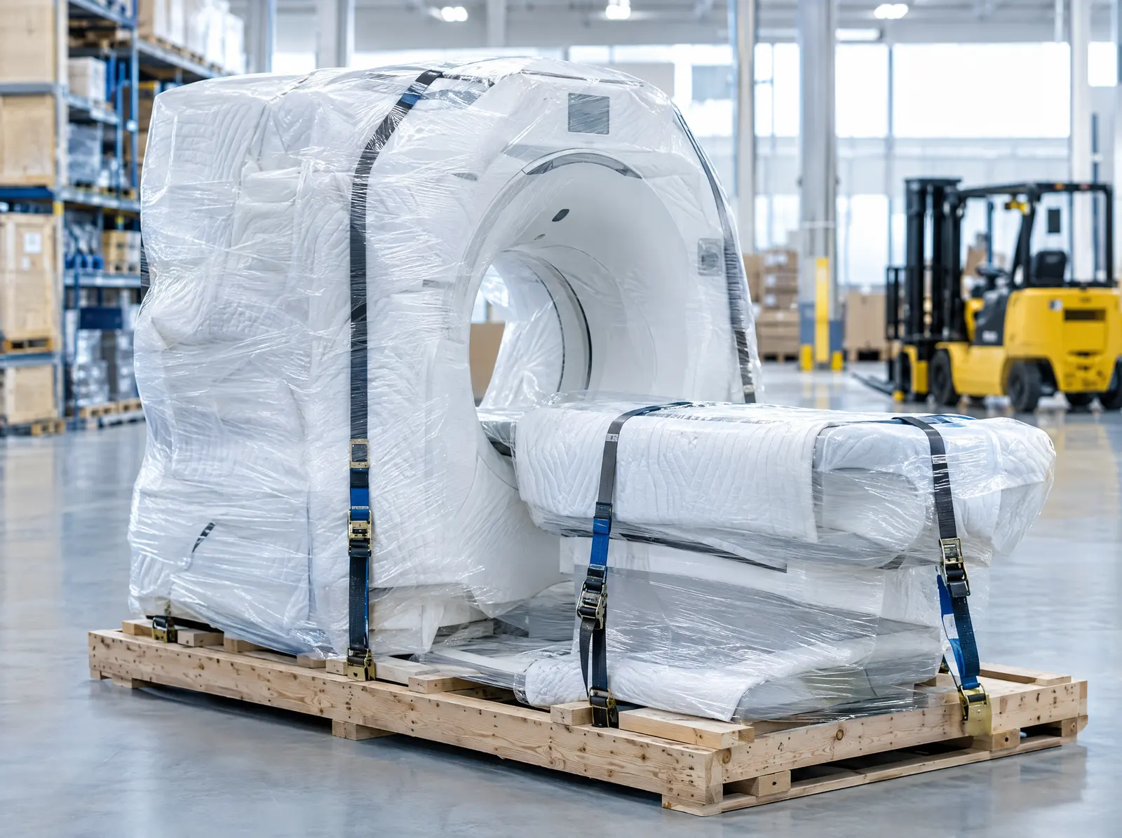 A medical imaging machine protected in blanket wrap and strapped to a skid