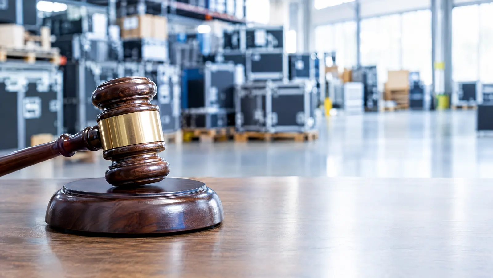 An auction gavel on its sound block in front of a warehouse