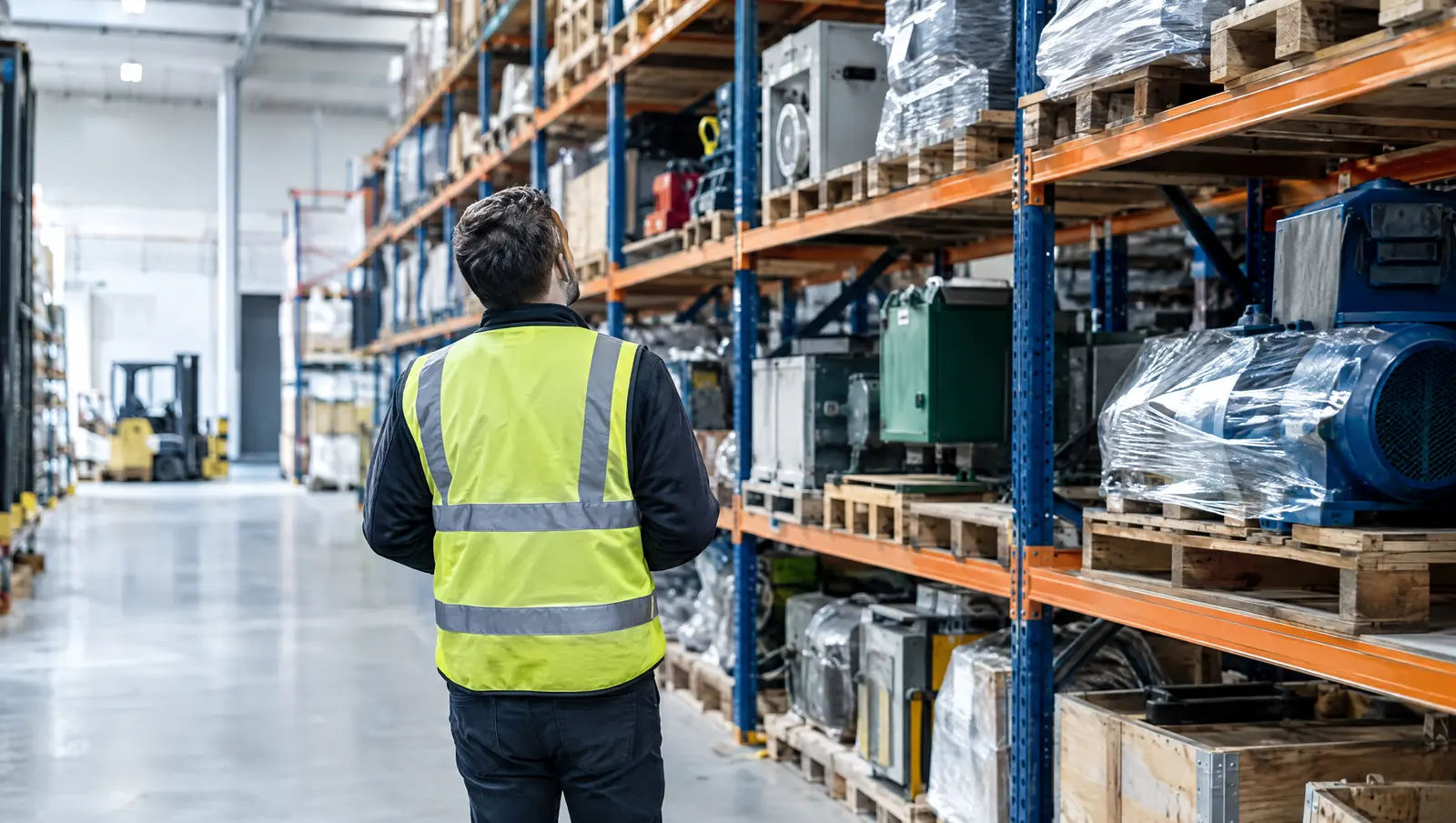 A buyer in a hi-vis vest inspecting warehouse racks of equipment